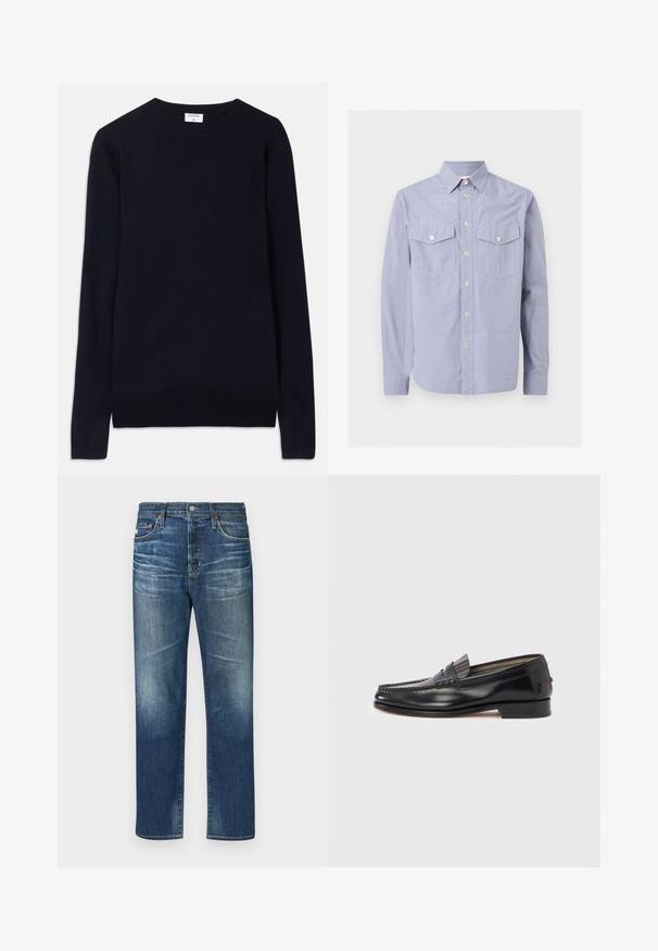 Marineblå crew-neck sweater lavet af blødt stof, med lange ærmer og ribbede detaljer ved kraven og kanten. Ren, minimalistisk design.; Lyseblå langærmet skjorte med knapper, med spids krave og to brystlommer med knap, vist på ensfarvet baggrund.; Blå denim jeans med lige ben, der har slidte områder, et klassisk fem-lomme design, kobbernitter og en knapgennemgang.; Sorte læderloafers med moccasin-design, der har en dekorativ bånd og syningsdetaljer på overdelen. Lav blokhæl.