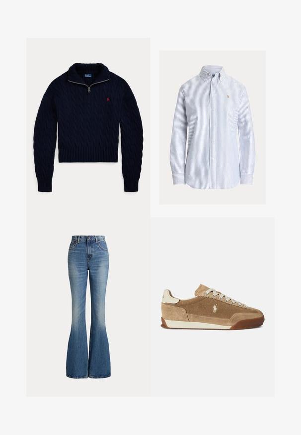 Námornícky modrý pletený sveter s polovičným zipsom na golieri a červeným vyšívaným logom Polo Ralph Lauren na hrudi.; Biela košeľa na gombíky s vertikálnymi svetlomodrými pásmi, golier s gombíkmi a malým vyšívaným logom na ľavej strane hrudníka.; Modré rifle s vysokým pásom s rozšírenými nohavicami a miernym vyblednutím v prednej oblasti stehna, zobrazené na bielom pozadí.; Béžové semišové tenisky s nízkym profilom, krémovými akcentmi, šnurovacím dizajnom a gumovou podrážkou. Na boku je malá logo.