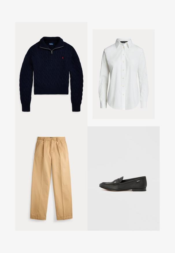 Donkerblauwe kabelgebreide trui met halve ritskraag en rood Polo Ralph Lauren-logo geborduurd op de borst.; Witte overhemd met lange mouwen, knopen aan de voorkant, puntige kraag en licht gebogen zoom.; Beige rechte broek met knoop- en ritssluiting, voorzakken, riemlussen en geplooide persvouwen langs de pijpen.; Zwarte leren loafer met gestructureerde afwerking, penny-keeper detail, slank profiel, subtiele branding aan de zijkant en lage, platte hak.