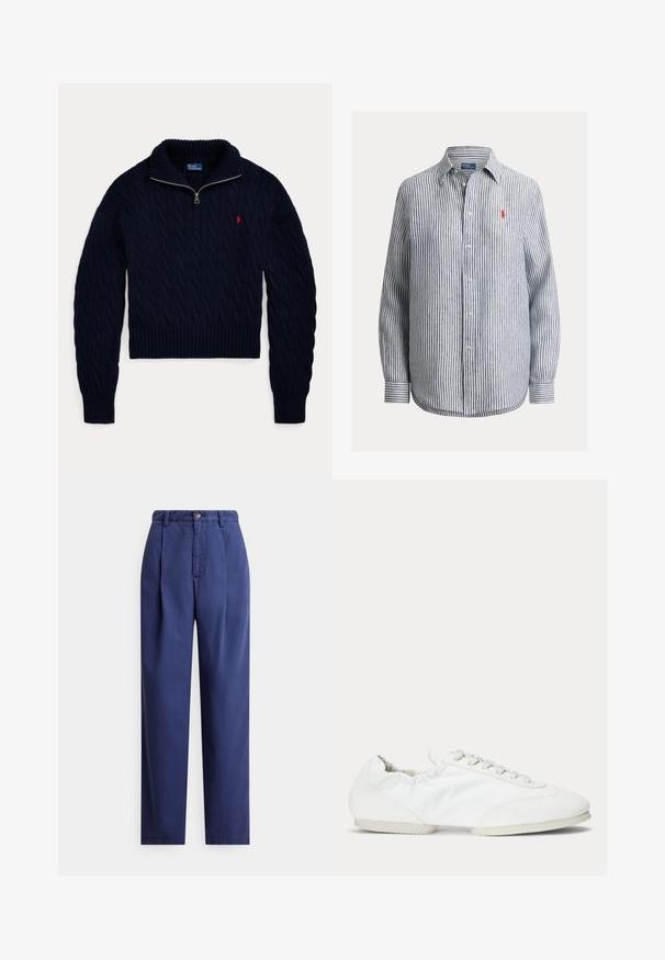 Námornícky modrý pletený sveter s polovičným zipsom na golieri a červeným vyšívaným logom Polo Ralph Lauren na hrudi.; Košeľa s dlhým rukávom na gombíky, s vertikálnymi námornícky modrými a bielymi pruhmi, klasickým golierom a malým červeným vyšívaným logom na hrudi.; Tmavomodré nohavice so smerovým strihom, s prednými záhybmi, zapínaním na gombík a hladkou bavlnenou tkaninou. Jednoduchý dizajn bez vzorov.; Nízky biely teniska so šnúrkami, hladkým látkovým bočným panelom a mäkkou, flexibilnou podrážkou.