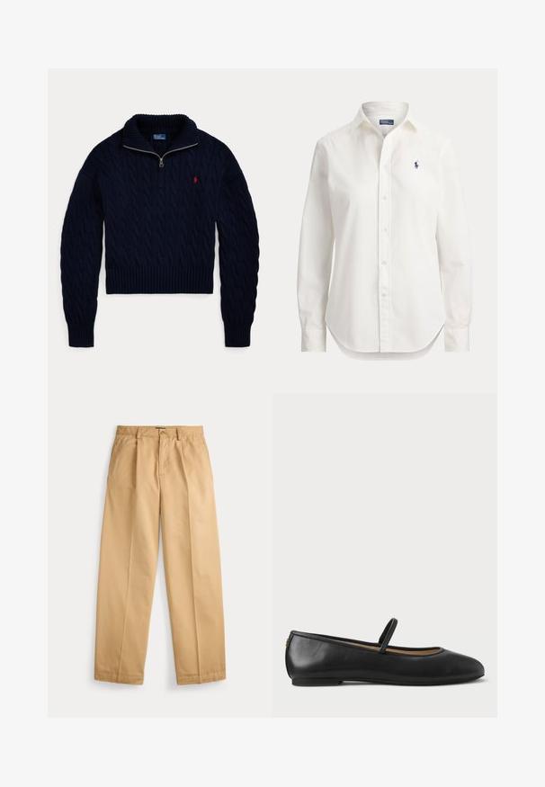 Mørkeblå kabelstrikket sweater med halvlange lynlås-krave og rød Polo Ralph Lauren-logo broderet på brystet.; Hvid langærmet skjorte med knapper, krave og lille blåt logo af en polospiller på venstre bryst.; Beige bukser med lige ben, lukning med knap og lynlås, forlommer, bæltestropper og pressede folder ned langs benene.; Sorte læderballetsko med rund tå, en tynd rem over vristen og en flad gummisål. Glat tekstur og minimal detaljer.