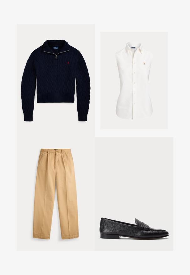 Pull en maille torsadée bleu marine avec col demi-fermeture éclair et logo Polo Ralph Lauren rouge brodé sur la poitrine.; Chemise blanche sans manches en coton, avec un col pointu, une fermeture à boutons sur le devant et un petit logo brodé sur le côté gauche.; Pantalon beige à jambes droites avec fermeture par bouton et zip, poches avant, passants pour ceinture et plis marqués le long des jambes.; Mocassin en cuir noir avec une finition texturée, doté d'une sangle décorative et d'un talon plat. Design épuré et minimal avec un bout arrondi.
