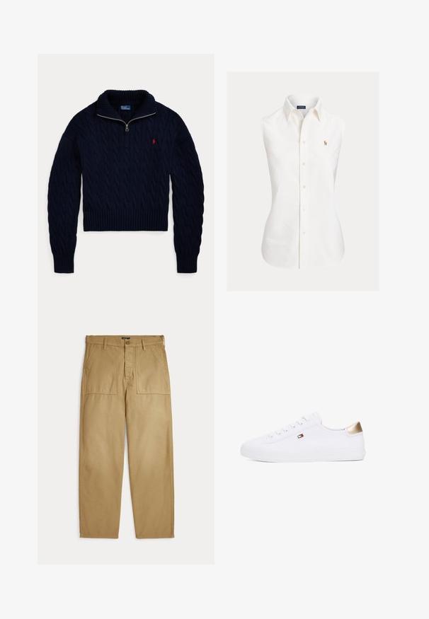 Mørkeblå kabelstrikket sweater med halvlange lynlås-krave og rød Polo Ralph Lauren-logo broderet på brystet.; Hvid ærmeløs skjorte lavet af bomuld med spidst krave, knapper foran og en lille broderet logo på venstre side.; Beige bukser med lige ben, forlommer med lapper, bæltestropper og lukning med knap og lynlås.; Hvide kanvas sneakers med rund tå, snørebånd fortil, og et gyldent detalje på hælen. Har et lille emblem på siden.