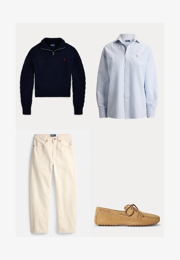 Námornícky modrý pletený sveter s polovičným zipsom na golieri a červeným vyšívaným logom Polo Ralph Lauren na hrudi.; Svetlomodrá košeľa s dlhým rukávom na gombíky s tenkými bielymi vertikálnymi pruhmi a malým vyšívaným logom koníka na ľavej strane hrudníka.; Džínsy krémovej farby z denimu, s rovnými nohavicami, prednými vreckami a detailom prešívania. Zapínanie na kovové gombíky a zips.; Svetlohnedý semišový mokasín s zaoblenou špičkou, koženou šnúrkou zviazanou na mašličku a gumovou podrážkou s výstupkami pre lepšiu priľnavosť.
