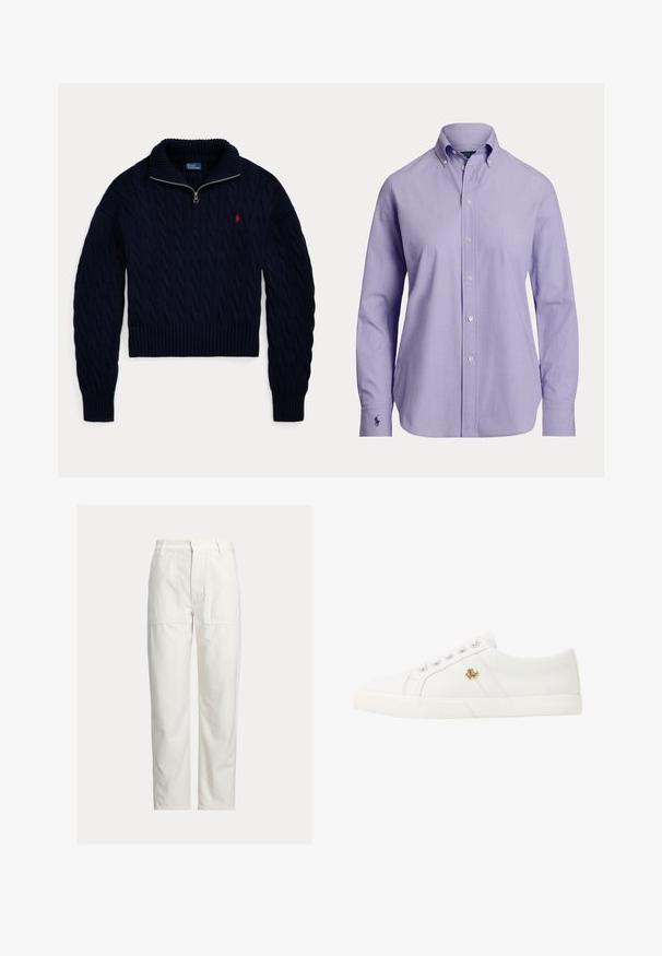 Námornícky modrý pletený sveter s polovičným zipsom na golieri a červeným vyšívaným logom Polo Ralph Lauren na hrudi.; Pánska svetlofialová košeľa s dlhým rukávom na gombíky, s gombíkovým golierom a vyšitým logom na ľavom manžete.; Biele nohavice s rovnými nohavicami, veľkými prednými nášivkovými vreckami, pútkami na opasok a zapínaním na gombík v páse.; Lauren Ralph Lauren JANSON II CANVAS SNEAKER - Tenisky - optic white