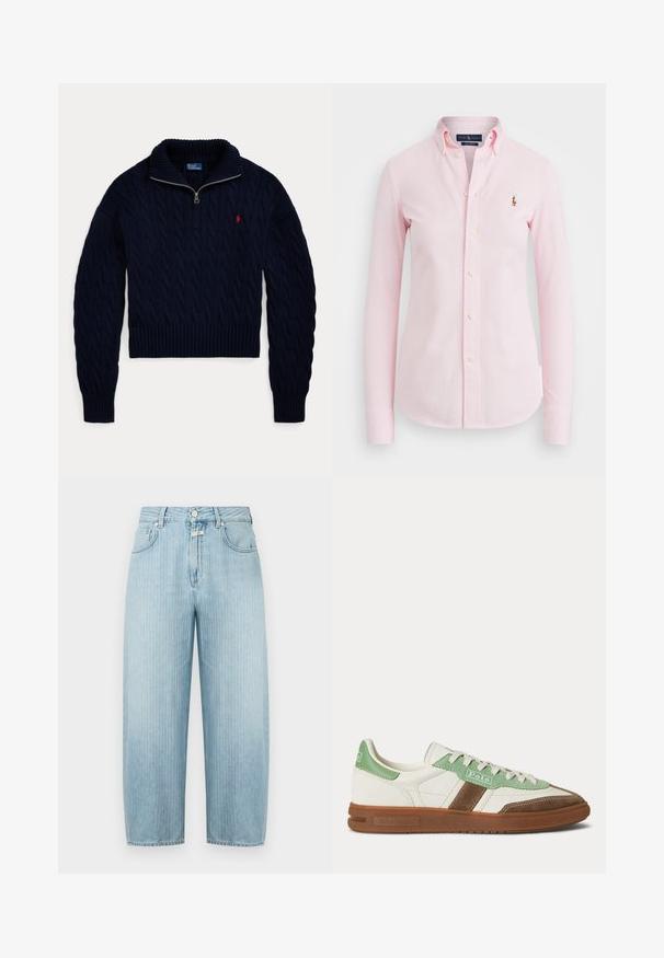 Mørkeblå kabelstrikket sweater med halvlange lynlås-krave og rød Polo Ralph Lauren-logo broderet på brystet.; Lyserød langærmet skjorte med knapkrave, hvide knapper og lille broderet logo på venstre bryst. Blødt bommateriale.; Lyseblå denimjeans med lige ben, der har lodrette striber, for-lynlås og knaplukning samt fem-lomme design.; Lavprofil Polo-sneaker med hvidt læder, grønne ruskindsdetaljer, brun ruskindsstribe og gummisål.