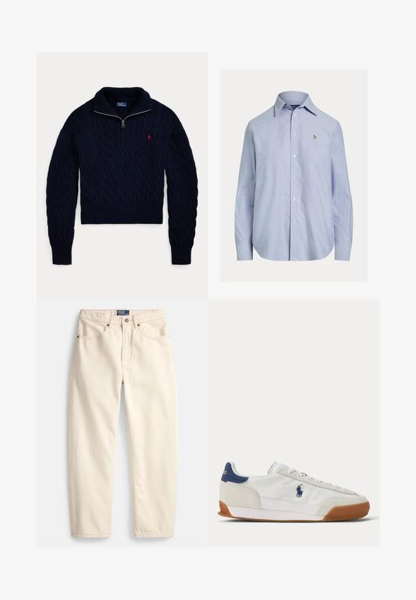 Mørkeblå kabelstrikket sweater med halvlange lynlås-krave og rød Polo Ralph Lauren-logo broderet på brystet.; Lyseblå skjorte med lange ærmer og knapper, med spids krave og lille broderet logo på venstre bryst.; Jeans i cremefarve lavet af denim med lige ben, forlommer og detaljer med overlock-syning. Lukning med metalknap og lynlås.; Hvid lavtop sneakers med tan sål, marineblå hældetalje og broderet marineblåt Polo-logo på siden.