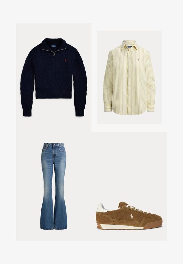 Donkerblauwe kabelgebreide trui met halve ritskraag en rood Polo Ralph Lauren-logo geborduurd op de borst.; Geel gestreept overhemd met blauwe strepen, lange mouwen, een kraag en een klein geborduurd logo op de linkerborst.; High waist blauwe spijkerbroek met uitlopende pijpen en lichte vervaging aan de voorkant van het bovenbeen, getoond tegen een witte achtergrond.; Bruine suède lage sneaker met witte veters, wit hielaccent, rubberen zool en geborduurd Polo-logo aan de zijkant.