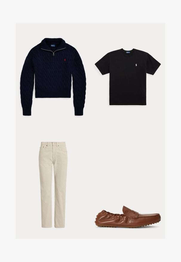 Námornícky modrý pletený sveter s polovičným zipsom na golieri a červeným vyšívaným logom Polo Ralph Lauren na hrudi.; Čierne tričko s krátkym rukávom a okrúhlym výstrihom, s malým bielym vyšívaným logom Polo Ralph Lauren na ľavej strane hrudníka.; Béžové nohavice z manšestru so vzpriamenými nohavicami, pútkami na opasok, predným gombíkom, zipsom a prednými vreckami.; Hnedý kožený loafer s prešitými detailmi a elastickou zadnou časťou, s textúrovanou podrážkou pre lepšiu priľnavosť.