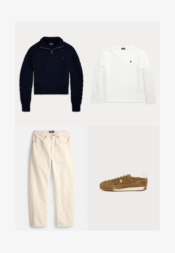 Mørkeblå kabelstrikket sweater med halvlange lynlås-krave og rød Polo Ralph Lauren-logo broderet på brystet.; Hvid langærmet t-shirt med rund hals og lille mørkeblå broderet hest og rytter-logo på venstre bryst.; Jeans i cremefarve lavet af denim med lige ben, forlommer og detaljer med overlock-syning. Lukning med metalknap og lynlås.; Brun ruskind lavsko sneaker med hvide snørebånd, beige sål og et lille hvidt hestelogo på siden.