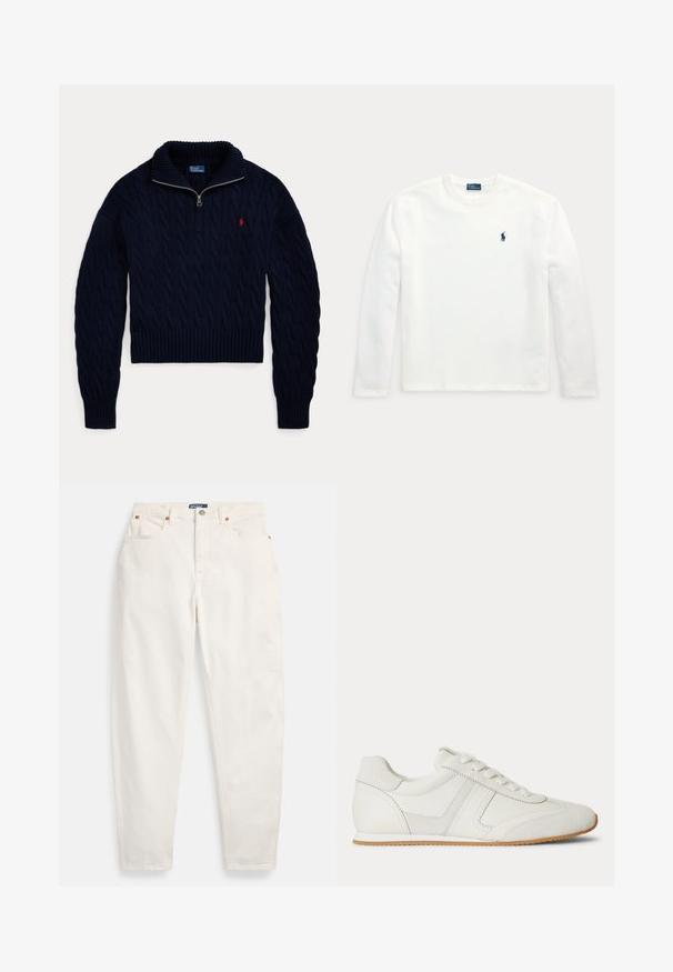 Donkerblauwe kabelgebreide trui met halve ritskraag en rood Polo Ralph Lauren-logo geborduurd op de borst.; Witte longsleeve met ronde hals en klein donkerblauw geborduurd paard- en ruiterlogo op de linkerborst.; Witte jeans met hoge taille en rechte pijpen, voorzien van knoop en ritssluiting aan de voorkant, ontwerp met vijf zakken en Polo merkembleem op de tailleband.; Witte lage sneaker met veters aan de voorkant, suède en leren panelen, en een lichtbruine rubberen zool op een witte achtergrond.