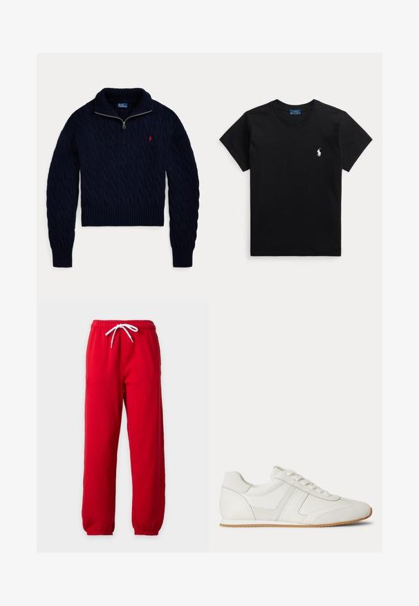Námornícky modrý pletený sveter s polovičným zipsom na golieri a červeným vyšívaným logom Polo Ralph Lauren na hrudi.; Čierne tričko s krátkym rukávom a okrúhlym výstrihom s malým bielym logom hráča póla na ľavej strane hrude a modrou štítkou vo vnútri goliera.; Červené tepláky s bielym sťahovacím šnúrkou, elastickým pásom a elastickými manžetami na jednofarebnom svetlom pozadí.; Biela nízka teniska so šnurovaním vpredu, zsemišovými a koženými panelmi a svetlohnedou gumovou podrážkou na bielom pozadí.