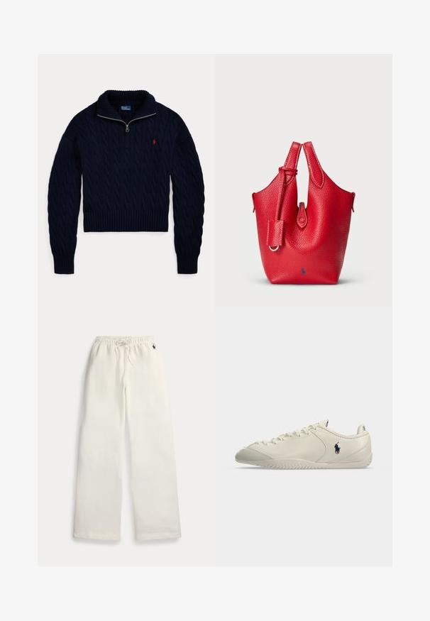 Mørkeblå kabelstrikket sweater med halvlange lynlås-krave og rød Polo Ralph Lauren-logo broderet på brystet.; Hvide sweatpants med brede ben, elastisk talje, snøre, sidelommer og lille mørkeblå logo nær den højre lomme.; Lavprofileret kremfarvet lædersneaker med snørelukning foran, tekstureret sål og sort Polo-spillerlogo på siden.; Rød læderhåndtaske med struktureret overflade, buet form, dobbelte hanke på toppen og et lille aftageligt accentmærke. Har logo i blå.