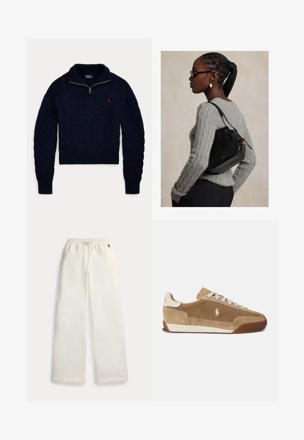 Donkerblauwe kabelgebreide trui met halve ritskraag en rood Polo Ralph Lauren-logo geborduurd op de borst.; Witte wijde sweatpants met elastische tailleband, trekkoord, zijzakken en klein donkerblauw logo bij de rechtermouw.; Lichtbruine suède sneakers met een laag profiel, crèmekleurige accenten, vetersluiting en een rubberen buitenzool. Voorzien van een klein logo aan de zijkant.; Vrouw met gevlochten haar en bril, die een grijze kabeltrui draagt en een zwarte leren schoudertas met gouden details draagt.