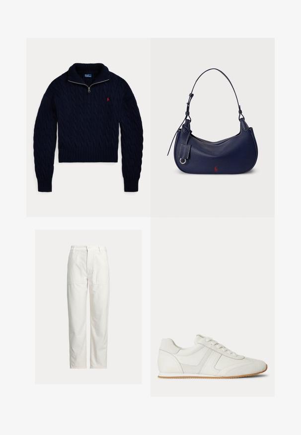 Donkerblauwe kabelgebreide trui met halve ritskraag en rood Polo Ralph Lauren-logo geborduurd op de borst.; Witte broek met rechte pijpen, grote voorkwabzakken, riemlussen en een knoopsluiting in de taille.; Witte lage sneaker met veters aan de voorkant, suède en leren panelen, en een lichtbruine rubberen zool op een witte achtergrond.; Marineblauwe leren hobo-tas met een gebogen vorm, een gestructureerde afwerking, een verstelbare schouderriem en een klein rood logo-accent aan één kant.