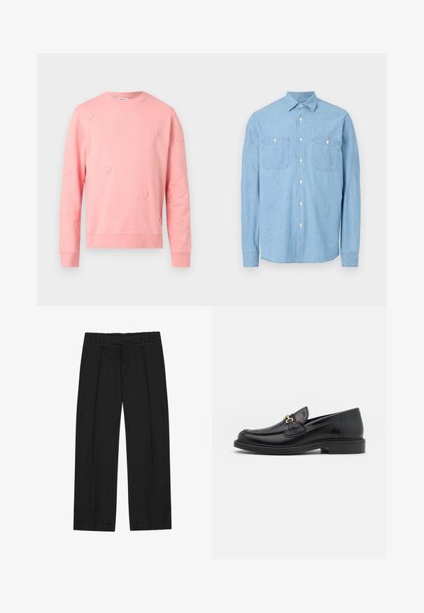 Sweatshirt rose clair à manches longues avec encolure ronde et motifs subtils de petits cœurs en relief dispersés sur le tissu.; Chemise à manches longues bleu clair avec deux poches frontales et boutons blancs, présentée sur un fond blanc.; Pantalon noir à coupe droite, avec des plis, des poches latérales et une ceinture plate. Confectionné dans un tissu lisse à finition mate.; Mocassins en cuir noir avec un embout rond, présentant des accents en métal doré et des détails de couture, montés sur une semelle en caoutchouc texturé et basse.