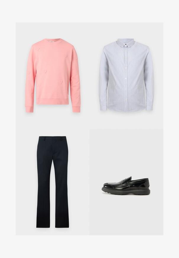 Sweatshirt rose clair à manches longues avec encolure ronde et motifs subtils de petits cœurs en relief dispersés sur le tissu.; Chemise pour homme à manches longues avec boutons, rayures verticales fines blanches et bleues, col pointu sur fond clair.; Pantalon de costume noir à jambes droites avec passants de ceinture et fermeture éclair à l'avant, présenté à plat sur un fond clair.; Mocassin en cuir noir avec une finition brillante, bout arrondi, détails de couture subtils et semelle en caoutchouc épaisse pour la durabilité.