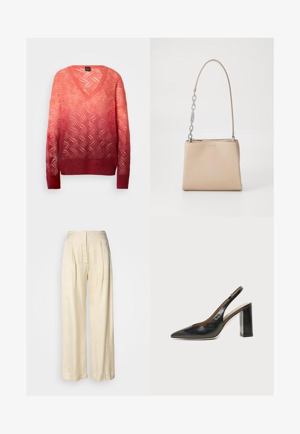 Pull en tricot gradient rose avec un col en V, présentant un motif géométrique, des manches longues et une finition texturée à l'ourlet et aux poignets.; Pantalon en soie crème taille haute avec plis, jambes larges et fermeture éclair avant dissimulée sur un fond blanc uni.; Chaussure slingback en cuir noir à bout pointu avec un talon bloc haut et une doublure intérieure beige sur un fond clair uni.; Sac à main en cuir beige au toucher lisse, avec une accent en chaîne argentée sur la poignée et une fermeture éclair. "HUGO" embouti à l'avant.