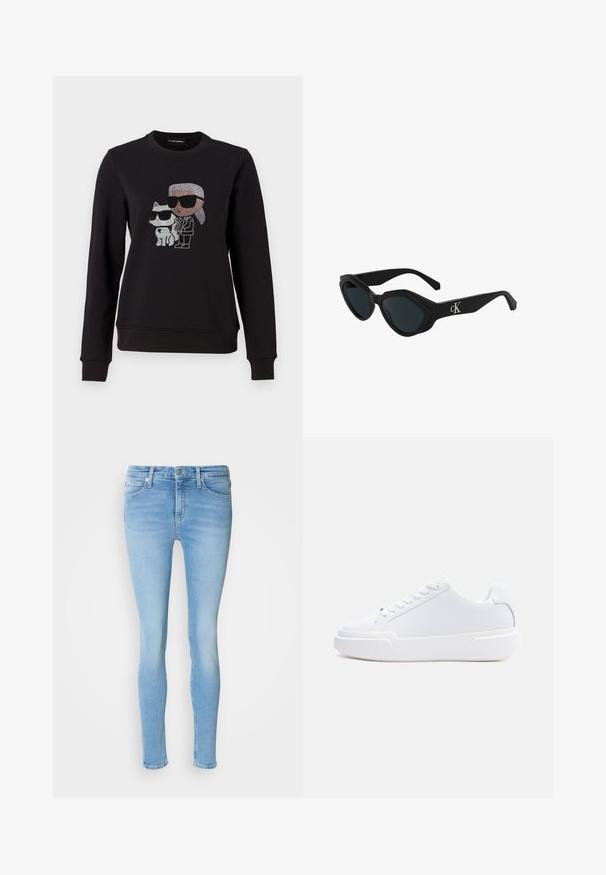 Sort sweatshirt med et rhinestone grafik af en karakter og en kat, begge iført solbriller. Klassisk crew neck, ribbede manchetter og kant.; Lyseblå skinny jeans lavet af denim med mid-rise talje, der har forlommer, bæltesløjfer og en glat tekstur.; Hvid lavtop-sneaker med snørelukning, tyk sål og glat overdel, vist fra ydersiden mod en ensartet lys baggrund.; Sorte katteøje solbriller med en glat finish, mørke linser og et "cK"-logo på stangen. Vinklet design og tykke stel.