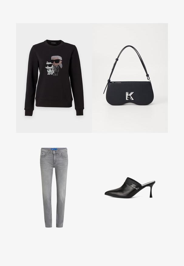 Sudadera negra con un diseño de strass de un personaje y un gato, ambos usando gafas de sol. Cuello redondo clásico, puños acanalados y dobladillo.; Jeans de mezclilla gris de corte ajustado, con cinco bolsillos, cierre frontal de botón y un leve desgaste. Textura suave, diseño clásico.; Mule de cuero negro con punta afilada y tacón de aguja. Presenta una banda ancha con detalle en escritura plateada en el costado. Textura suave.; Bolso negro con forma curva, material texturizado, logotipo plateado y una correa delgada. Cierre superior con cremallera y características de diseño minimalista.