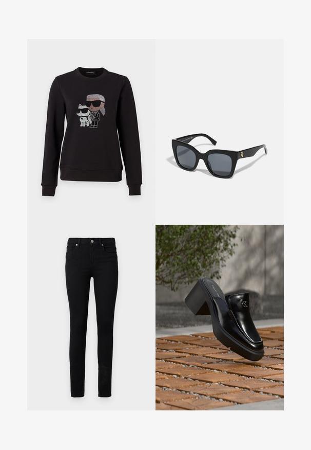 Schwarzer Sweatshirt mit einem Strassmotiv eines Charakters und einer Katze, die beide Sonnenbrillen tragen. Klassischer Rundhalsausschnitt, gerippte Bündchen und Saum.; Schwarze Skinny-Jeans aus Denim, mit einem vorderen Knopf- und Reißverschluss, fünf Taschen und einer glatten Textur.; Schwarze Leder-Slip-on-Mule von Calvin Klein mit Blockabsatz, die auf Holzfliesen im Freien nahe einer grünen Pflanze und einer grauen Wand ruht.; Schwarze Sonnenbrille mit einer markanten quadratischen Form, ausgestattet mit dunklen Gläsern und einem goldenen Logoakzent an einem Bügel. Hergestellt aus glänzendem Kunststoffmaterial.