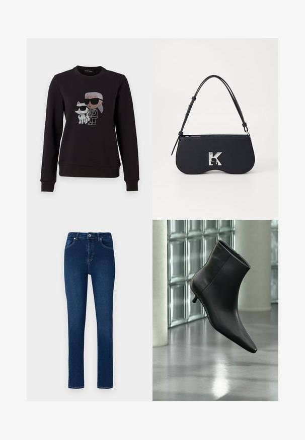Sudadera negra con un diseño de strass de un personaje y un gato, ambos usando gafas de sol. Cuello redondo clásico, puños acanalados y dobladillo.; Jeans de denim azul oscuro con un corte ajustado. Las características incluyen una cinturilla con botón, cinco bolsillos y detalles de costura mínimos.; Botín negro de cuero con punta puntiaguda y tacón bajo estilo kitten, mostrado en ángulo sobre un suelo pulido y con una pared de bloques de vidrio de fondo.; Bolso negro con forma curva, material texturizado, logotipo plateado y una correa delgada. Cierre superior con cremallera y características de diseño minimalista.