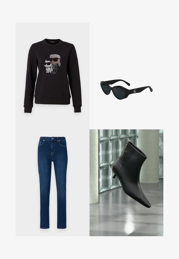 Schwarzer Sweatshirt mit einem Strassmotiv eines Charakters und einer Katze, die beide Sonnenbrillen tragen. Klassischer Rundhalsausschnitt, gerippte Bündchen und Saum.; Dunkelblaue Jeans aus Denim mit Slim-Fit. Zu den Merkmalen gehören ein knopfbündchen, fünf Taschen und minimalistische Nähte.; Schwarzer Leder-Stiefelette mit spitzer Zehenpartie und niedrigem Kitten-Heel, schräg dargestellt vor einem polierten Boden und einer Glasbausteinwand.; Schwarze cat-eye Sonnenbrille mit glänzender Oberfläche, dunklen Gläsern und einem "cK"-Logo am Steg. Winkeliges Design und dicke Rahmen.