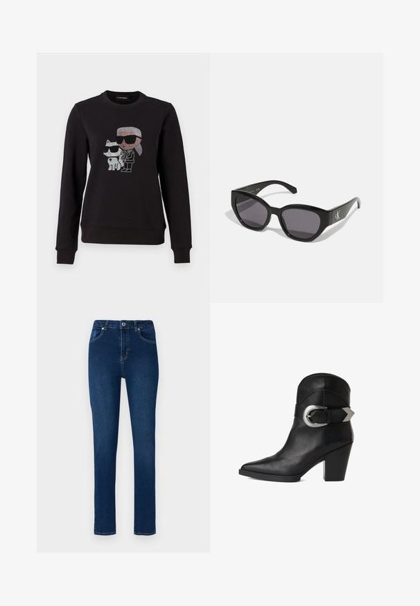 Sudadera negra con un diseño de strass de un personaje y un gato, ambos usando gafas de sol. Cuello redondo clásico, puños acanalados y dobladillo.; Jeans de denim azul oscuro con un corte ajustado. Las características incluyen una cinturilla con botón, cinco bolsillos y detalles de costura mínimos.; Botín de cuero negro hasta el tobillo con punta afilada, tacón grueso y una correa ancha con una hebilla circular de plata en el costado. Textura suave.; Gafas de sol negras con un diseño elegante y angular, lentes oscuros y un logo plateado en contraste en el lateral. Textura de plástico suave.