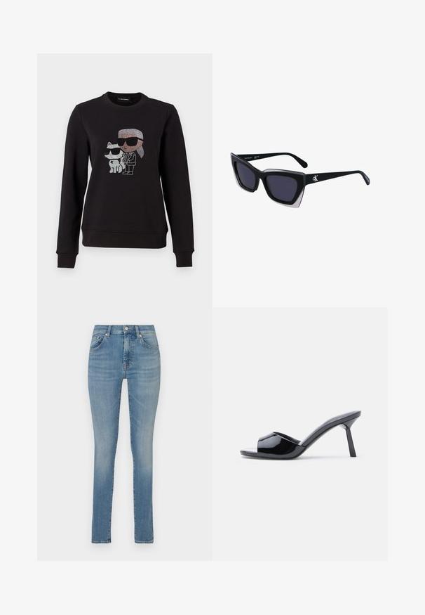 Sort sweatshirt med et rhinestone grafik af en karakter og en kat, begge iført solbriller. Klassisk crew neck, ribbede manchetter og kant.; Lyseblå denim skinny jeans med en mellemhøj talje, fem lommer, diskret vask og et lige ben. Har knappål og lynlås lukning.; Sorte laklæder sandaletter med åben tå, der har et buet overdesign og en spids stilethæl. Glat, blank finish.; Store sorte oversized solbriller med geometrisk form, med mørke linser og en kontrasterende grå detalje på stellet. Logo på armen.