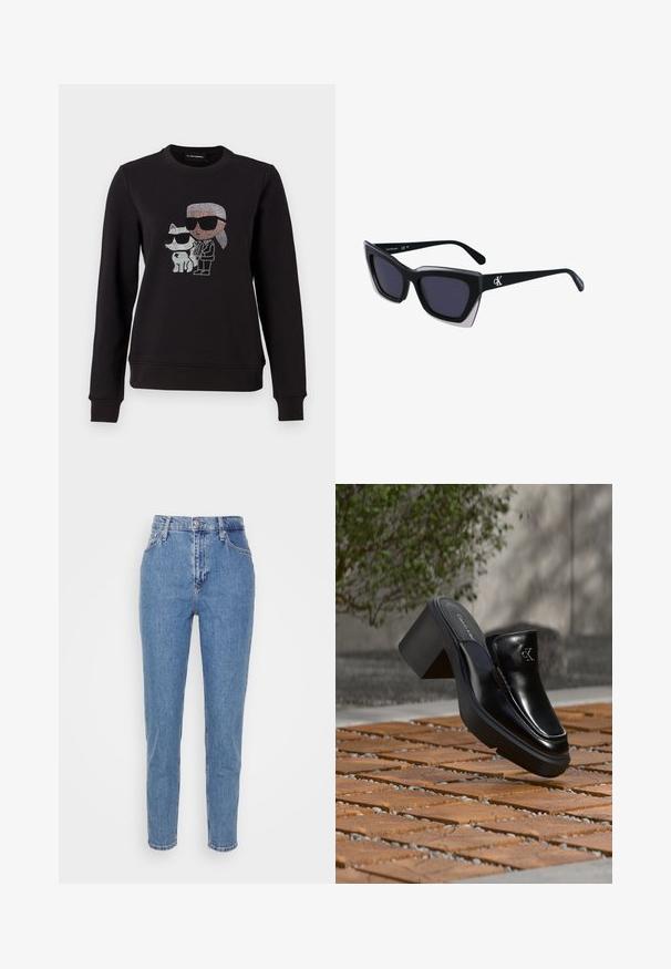Sudadera negra con un diseño de strass de un personaje y un gato, ambos usando gafas de sol. Cuello redondo clásico, puños acanalados y dobladillo.; Jeans de tiro alto rectos de color azul con botón frontal y cremallera, trabillas para cinturón y bolsillos, exhibidos sobre un fondo blanco liso.; Mule tipo slip-on de cuero negro de Calvin Klein con tacón de bloque descansando sobre baldosas de madera al aire libre cerca de una planta verde y una pared gris.; Gafas de sol negras de gran tamaño con una forma geométrica, que presentan lentes oscuros y un detalle gris contrastante en la montura. Logo en la pata.