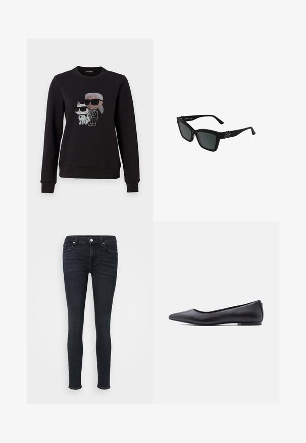 Sort sweatshirt med et rhinestone grafik af en karakter og en kat, begge iført solbriller. Klassisk crew neck, ribbede manchetter og kant.; Slank jeans i mørk indigo denim, med en mid-rise talje, klassisk fem-lomme design og subtile syninger langs sømmene.; Sort flad lædersko med spidst tåparti og lav hæl, vist i sideprofil mod en hvid baggrund.; Sorte rektangulære solbriller med mørke linser, tykke stel og en sideakcent lavet af metalhardware. Stilen er kantet og moderne.