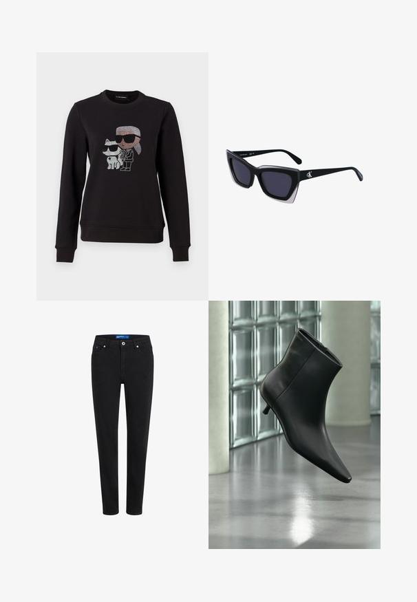 Zwarte sweatshirt met een rhinestone graphic van een karakter en een kat, beide met een zonnebril. Klassieke ronde hals, ribgebreide manchetten en onderrand.; Zwarte denim jeans met een slanke pasvorm, vijf-pocketdesign, ritssluiting en metalen knoopsluiting. Voorzien van subtiele stiksels en een middelhoge taille.; Zwarte leren enkellaars met spits toelopende neus en lage kittenhak, schuin weergegeven tegen een gepolijste vloer en een glazen blokken muur als achtergrond.; Zwarte oversized zonnebril met een geometrische vorm, voorzien van donkere glazen en een contrasterend grijs detail op het montuur. Logo op de arm.