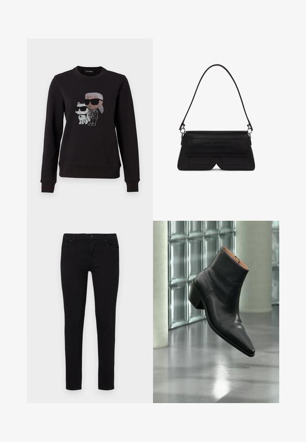 Sudadera negra con un diseño de strass de un personaje y un gato, ambos usando gafas de sol. Cuello redondo clásico, puños acanalados y dobladillo.; Vaqueros skinny negros hechos de una mezcla de algodón, con cierre frontal de botón y cremallera, cinco bolsillos y una textura suave.; Botín de piel negra con puntera puntiaguda y tacón cuadrado que levita sobre un suelo gris reflectante cerca de una pared de bloques de cristal.; Bolso de hombro negro con forma de trapecio, con solapa, logo en relieve en el frente y una sola correa delgada unida por anillas plateadas.