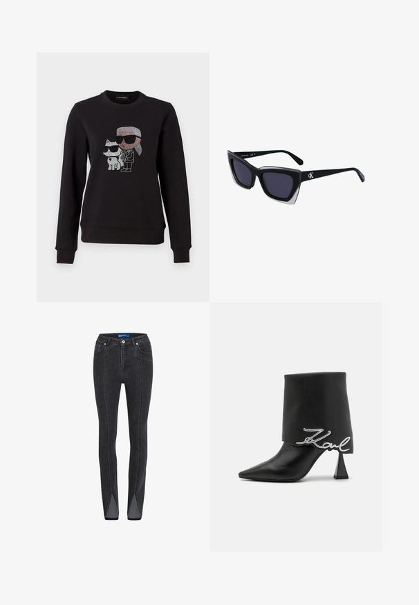 Schwarzer Sweatshirt mit einem Strassmotiv eines Charakters und einer Katze, die beide Sonnenbrillen tragen. Klassischer Rundhalsausschnitt, gerippte Bündchen und Saum.; Schwarze Denim-Jeans mit tailliertem Design, ausgestattet mit kontrastierenden weißen Nähten und einzigartigen Seitenschlitzen am Saum. Mittlere Leibhöhe.; Schwarzer Leder-Stiefelette mit spitzer Zehenpartie, hohem Blockabsatz und umgeschlagenem Schaft mit silbernem "Zaul"-Logo-Detail.; Schwarze übergroße Sonnenbrille mit geometrischer Form, ausgestattet mit dunklen Gläsern und einem kontrastierenden grauen Detail im Rahmen. Logo am Bügel.