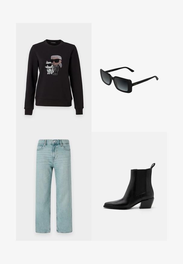 Schwarzer Sweatshirt mit einem Strassmotiv eines Charakters und einer Katze, die beide Sonnenbrillen tragen. Klassischer Rundhalsausschnitt, gerippte Bündchen und Saum.; Hellblaue weit geschnittene Jeans aus Denim, mit einem klassischen Fünf-Taschen-Design, klaren Linien und einem regulären Bund mit Knopfverschluss.; Schwarze Leder-Stiefeletten mit spitzem Zeh, elastischen Seitenpanelen und einem niedrigen Blockabsatz. Mit einer Zuglasche an der Ferse für ein einfaches An- und Ausziehen.; Schwarze rechteckige Calvin Klein Sonnenbrille mit verlaufenden dunklen Gläsern und schlanken Bügeln vor weißem Hintergrund.