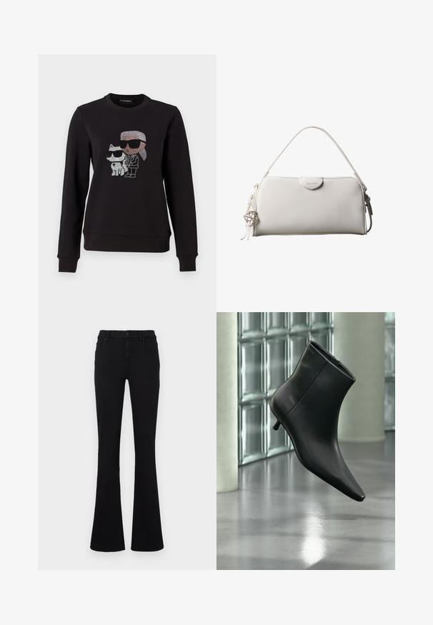 Schwarzer Sweatshirt mit einem Strassmotiv eines Charakters und einer Katze, die beide Sonnenbrillen tragen. Klassischer Rundhalsausschnitt, gerippte Bündchen und Saum.; Schwarze ausgestellte Jeans aus einem Baumwollmischgewebe. Verfügt über eine Knopfverschluß, Gürtelschlaufen und Vordertaschen. Glatte Textur mit leichtem Stretch.; Schwarzer Leder-Stiefelette mit spitzer Zehenpartie und niedrigem Kitten-Heel, schräg dargestellt vor einem polierten Boden und einer Glasbausteinwand.; Weiße rechteckige Calvin Klein Handtasche mit einem einzelnen Henkel, minimalistischem Design und dekorativen Quasten mit geometrischem Metallanhänger an der Seite.