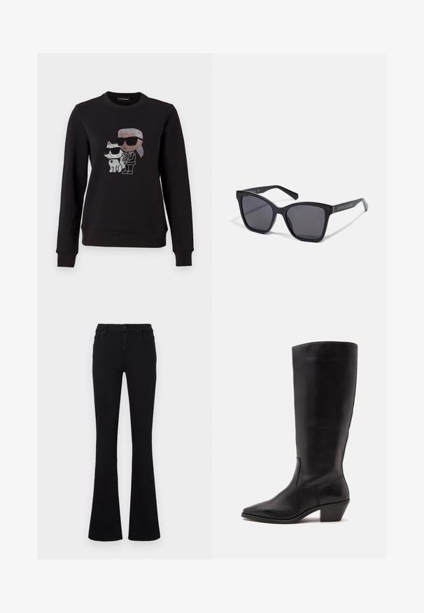 Sort sweatshirt med et rhinestone grafik af en karakter og en kat, begge iført solbriller. Klassisk crew neck, ribbede manchetter og kant.; Sorte flare jeans lavet af bomuldsblanding. Med knappelukning, bæltestropper og forlommer. Glat tekstur med let stretch.; Sort læderstøvle til midtkalv med spids tå og lavt skråt hæl på en enkel lys baggrund.; Sorte rektangulære solbriller med mørke linser og blanke stel. Har sølvfarvet branding langs siden. Firkantet form med robuste arme.