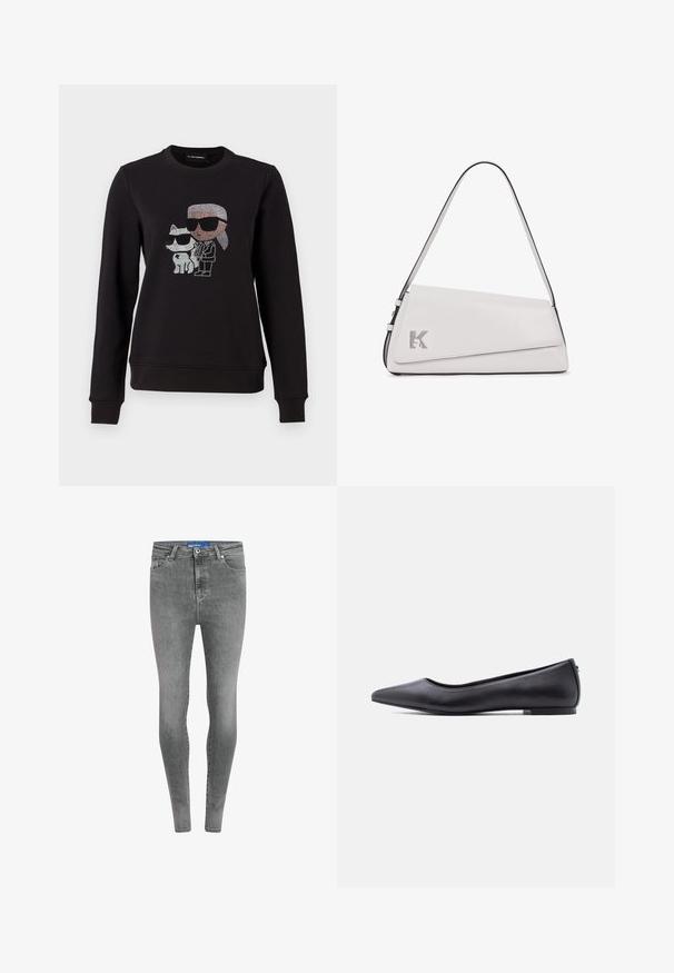 Schwarzer Sweatshirt mit einem Strassmotiv eines Charakters und einer Katze, die beide Sonnenbrillen tragen. Klassischer Rundhalsausschnitt, gerippte Bündchen und Saum.; Schlanke, hochgewaiste Jeans aus hellgrauem Denim. Verfügt über fünf Taschen, einen Metallknopfverschluss und dezente Auswaschungen entlang der Beine.; Schwarzer flacher Lederschuh mit spitzer Kappe und niedrigem Absatz, seitlich vor weißem Hintergrund gezeigt.; Weiße Leder-Umhängetasche mit asymmetrischer Klappe, silbernem "K"-Logo auf der Vorderseite und einem einzelnen Riemen mit schwarzer Kantenverzierung.