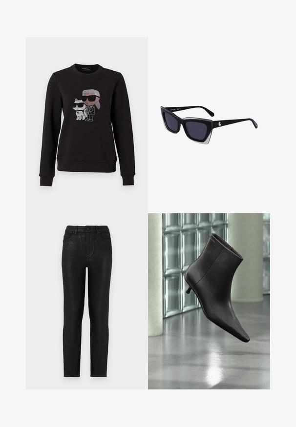Sudadera negra con un diseño de strass de un personaje y un gato, ambos usando gafas de sol. Cuello redondo clásico, puños acanalados y dobladillo.; Jeans de mezclilla negra con corte ajustado, con una cintura alta, diseño clásico de cinco bolsillos y una sutil textura brillante. Cierre frontal con botón estándar.; Bota de cuero negro para el tobillo con puntera puntiaguda y tacón pequeño, exhibida frente a una pared de bloques de vidrio y un suelo pulido.; Gafas de sol negras de gran tamaño con una forma geométrica, que presentan lentes oscuros y un detalle gris contrastante en la montura. Logo en la pata.