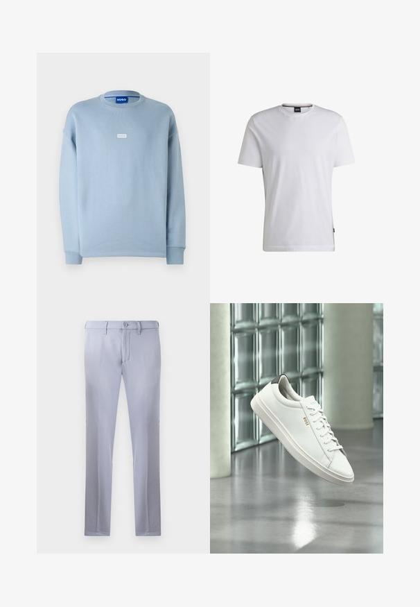 Svetlomodrá mikina vyrobená z mäkkej zmesi bavlny, s crew neckom, spustenými plecami a malým bielym logom na hrudi.; Biely krátky rukáv T-shirt z bavlny. Má okrúhly výstrih a jemný štítok značky na boku. Hladká textúra a jednoduchý dizajn.; Svetlošedé nohavice na mieru vyrobené z hladkej tkaniny, so zapínaním na gombík, pútkami na opasok a strihom s rovnými nohavicami. Žiadne viditeľné vrecká.; Biela kožená teniska s nízkym strihom, šnúrkami, čiernou pätovou záložkou a logom „BOSS“, ktorá visí vo vzduchu v interiéri pri stene zo sklenených blokov a leštenej podlahe.