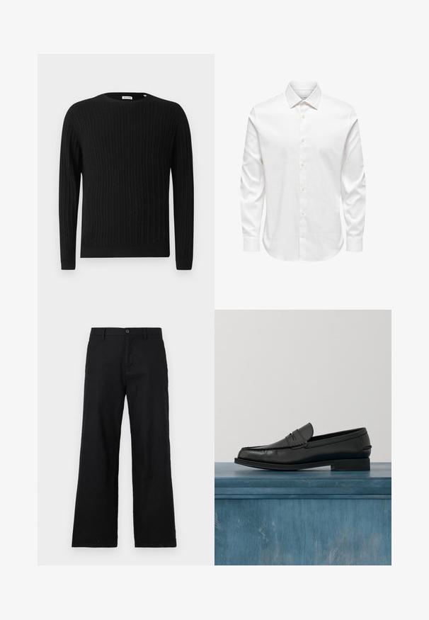 Sort kabelstrikket sweater med lange ærmer og rund halsudskæring. Har et struktureret mønster samt ribbede mansjetter og nederkant.; Hvid herreskjorte med lange ærmer, spids krave og række af hvide knapper foran på ensfarvet baggrund.; Sorte straight-leg bukser lavet af bomuld, med knaplukning og bæltestropper. Glat tekstur uden synlige mønstre eller accenter.; Sorte læderloafers med et slankt design, der har syning ved tåen og en glat finish. Skoen har en lav hæl og minimal udsmykning.
