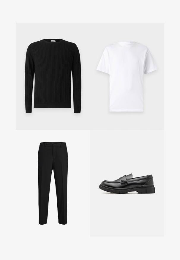 Pull en maille noire avec des manches longues et un col rond. Présente un motif texturé ainsi que des poignets et un ourlet côtelés.; T-shirt blanc à manches courtes en coton avec un col rond, présentant une texture lisse et un design simple, sans motifs ni accents.; Pantalons noirs en tissu lisse, présentant une coupe droite, des passants de ceinture et un devant plat sans motifs ni embellissements visibles.; Mocassin en cuir noir avec une large sangle sur le devant, semelle en caoutchouc à épaisse rainure, et texture lisse. Design classique et élégant.