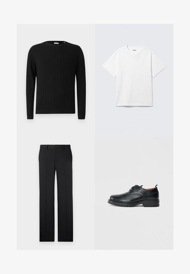 Pull en maille noire avec des manches longues et un col rond. Présente un motif texturé ainsi que des poignets et un ourlet côtelés.; T-shirt blanc à manches courtes et col rond, étalé à plat, design uni, avec l'étiquette "WEEKDAY" à l'intérieur du col sur un fond clair.; Pantalons noirs ajustés avec une coupe droite, en tissu lisse, avec des plis avant et une fermeture à bouton unique à la taille.; Chaussures derby en cuir noir avec une texture lisse, bout rond, design à lacets et une semelle en caoutchouc épaisse et robuste.