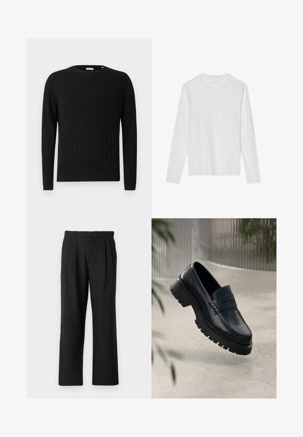 Sort kabelstrikket sweater med lange ærmer og rund halsudskæring. Har et struktureret mønster samt ribbede mansjetter og nederkant.; Langærmet hvid T-shirt lavet af blød bomuld, med rund halsudskæring og en glat tekstur uden synlige mønstre eller accenter.; Jack & Jones Classic Wide Leg Fit - Bukser - black; Sorte læder loafers med en chunky sål, der har en dekorativ rem og syninger. Glat tekstur med en poleret overflade.