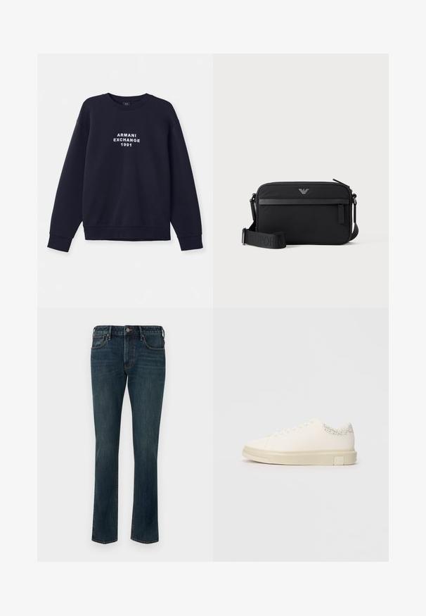 Marineblå sweatshirt med lange ærmer, rund hals og ribbede manchetter. Har hvidt "ARMANI EXCHANGE 1991" logo trykt på forsiden.; Mørkeblå denimbukser med lige ben, knap- og lynlås-lukning, for- og baglommer samt let falmede lår.; Hvide sneakers med en glat lærredsoverdel, flade snørebånd, polstret krave og en struktureret grå detalje bagpå. Kraftig gummisål.; Sort rektangulær crossbody-taske med lynlåslomme foran, justerbar rem og lille metallogo øverst i midten.