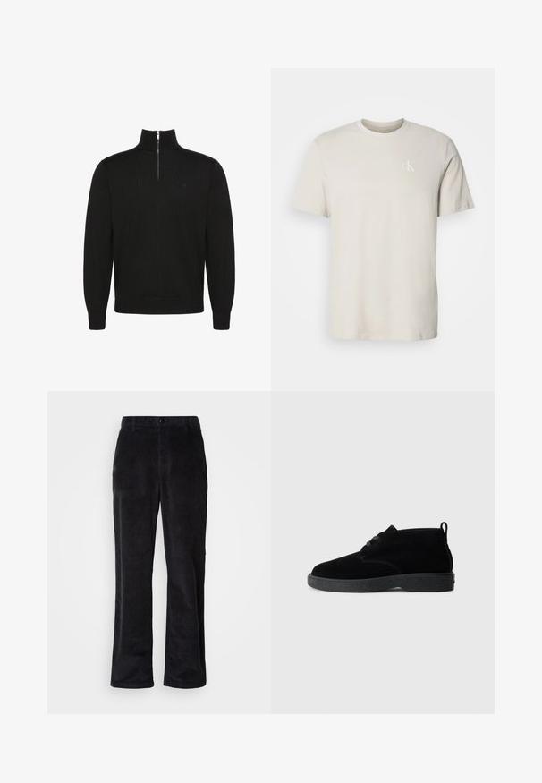 Sort langærmet pullovertrøje med halv lynlås foran og ribstrikkede manchetter og kant, med et lille diskret logo på brystet.; Beige kortærmet T-shirt i bomuld med rund hals og lille hvidt "cK"-logo på venstre bryst.; Fløjlsbukser i mørk sort med et lige ben-design, der har knaplukning, bæltestropper og sidelommer til funktionel brug.; Sorte ruskindsankelstøvler med rund tå, snørebåndsdesign, sort gummisål og en sløjfe bag på for nem påtagning.