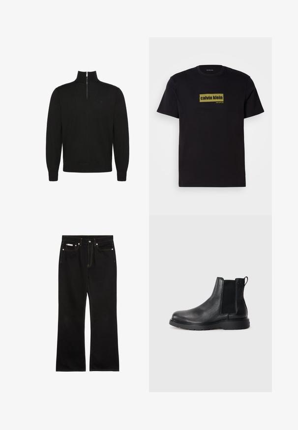 Pull noir à manches longues avec fermeture éclair sur le devant jusqu'à mi-hauteur, poignets et bas côtelés, avec un petit logo discret sur la poitrine.; T-shirt en coton noir à manches courtes, avec un logo rectangulaire vert portant le texte "calvin klein" et "new york city" en lettres gras.; Jean noir droit avec coutures orange, cinq poches, fermeture par bouton, et une petite étiquette Calvin Klein sur la poche avant droite.; Bottes Chelsea en cuir noir avec une finition texturée, des panneaux latéraux élastiques et une semelle en caoutchouc robuste. Branding subtil sur le talon.