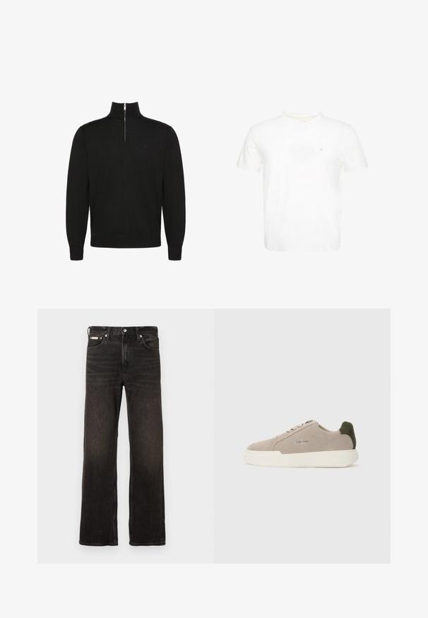 Sort langærmet pullovertrøje med halv lynlås foran og ribstrikkede manchetter og kant, med et lille diskret logo på brystet.; Hvid T-shirt med korte ærmer og rund hals med lille broderet "ck" logo på venstre bryst.; Sorte denimjeans med lige ben, falmet finish, fem-lomme-stil og metalknaplukning. Har let slidte detaljer.; Beige ruskinds sneakers med en hvid gummisål, der har en mørkegrøn hælaccent og subtil branding på siden.