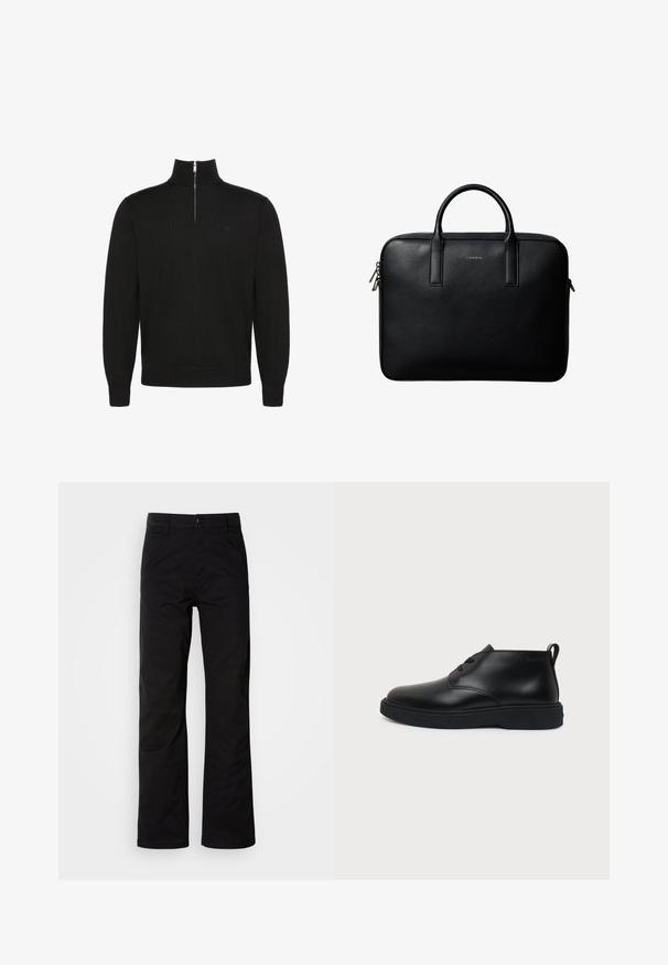 Pull noir à manches longues avec fermeture éclair sur le devant jusqu'à mi-hauteur, poignets et bas côtelés, avec un petit logo discret sur la poitrine.; Pantalons en coton noir avec une coupe droite, dotés d'une fermeture à bouton et de passants de ceinture. Texture lisse et style minimaliste sans motifs visibles.; Chaussure montante en cuir noir à lacets avec semelle épaisse en caoutchouc et languette au talon, vue de profil sur fond uni.; Mallette en cuir noir texturé avec double poignées et tirettes de fermeture éclair argentées, centrée sur fond blanc.