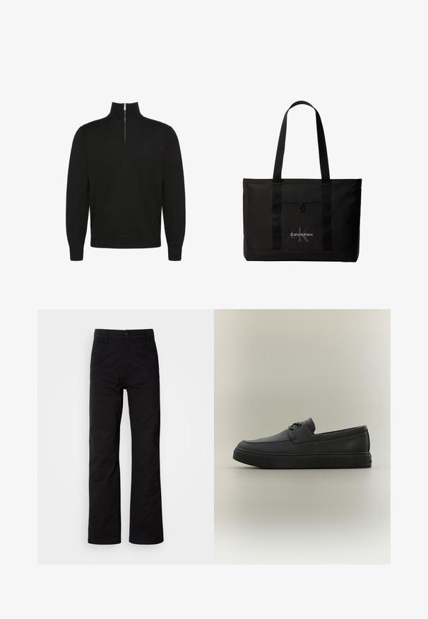 Pull noir à manches longues avec fermeture éclair sur le devant jusqu'à mi-hauteur, poignets et bas côtelés, avec un petit logo discret sur la poitrine.; Pantalons en coton noir avec une coupe droite, dotés d'une fermeture à bouton et de passants de ceinture. Texture lisse et style minimaliste sans motifs visibles.; Mocassin décontracté en cuir noir avec des détails de laçage et une semelle en caoutchouc épaisse, présenté de profil sur un fond neutre.; Sac cabas noir Calvin Klein avec deux longues poignées et une poche avant, avec le logo de la marque en blanc et gris.